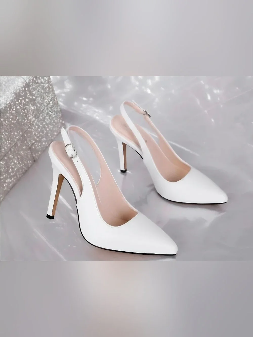 White Pointed-Toe Slingback Heels with Stiletto Heel